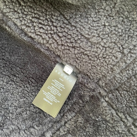 Sandro amber shearling black leather jacket coat - Picture 6 of 7